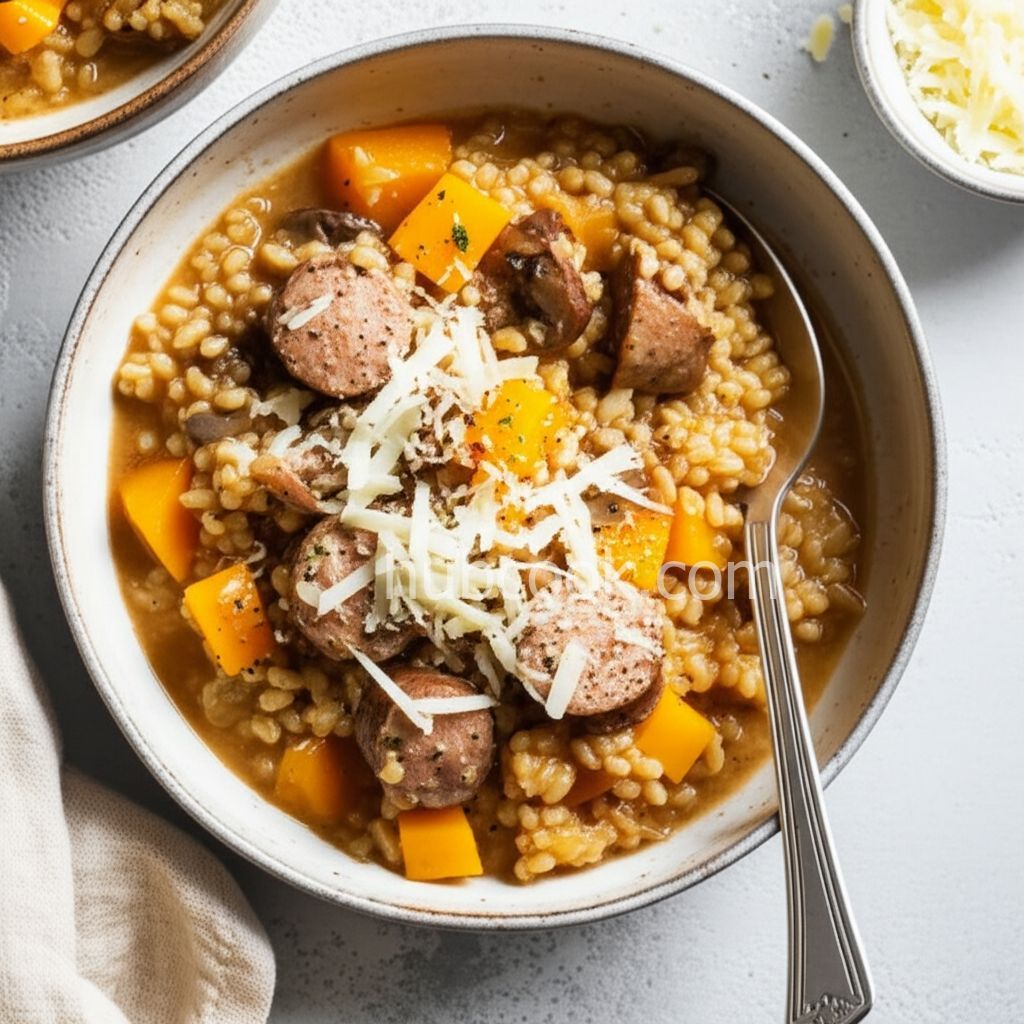 Sausage and Farro Skillet with Mushrooms and Delicata Squash