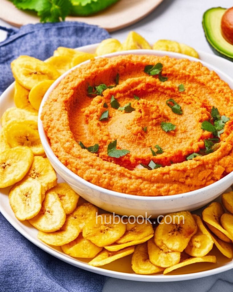 Red Pepper-Cauliflower Hummus with Plantain Chips